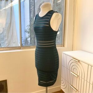 Silence + Noise Forest/Teal Mesh Stripe Bodycon Exposed Contrast Zipper Dress, M